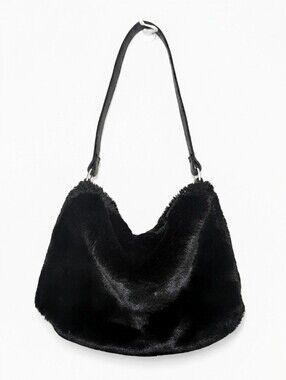 Black Faux Fur Shoulder Bag Vintage Y2K Fluffy Hobo Purse Faux Leather Plush